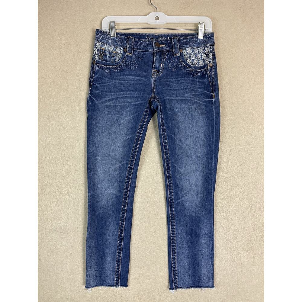 Miss Me Jeans Womens‎ 26 Blue Signature Cuffed Skinny Embroidered Raw Hem Denim